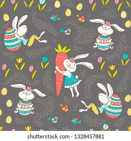Hand drawn colorful Easter bunny, eggs, birds in doodle style. Vector seamless pattern on dark background. Perfect design elements for decorations posters, holidays pattern, wrapping paper