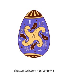 Hand drawn colorful Easter egg with birds, circles , leaves doodle ornament, decorative elements in vector. Best for decoration, logo, symbol, print, scrapbooking, greeting card, invitation