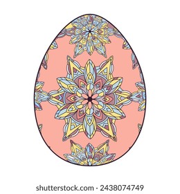 Hand drawn colorful Easter egg with patterns, curls, flowers. Spring Happy Easter egg with floral elements, decorative ornament. Vector cute illustration isolated on white background