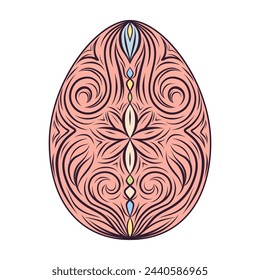 Hand drawn colorful Easter egg with patterns, curls, flowers. Spring Happy Easter egg with floral elements, decorative ornament. Vector cute illustration isolated on white background