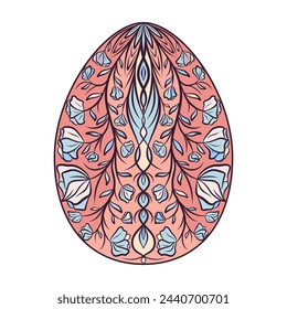 Hand drawn colorful Easter egg with patterns, curls, flowers. Spring Happy Easter egg with floral elements, decorative ornament. Vector cute illustration isolated on white background