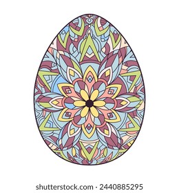 Hand drawn colorful Easter egg with patterns, curls, flowers. Spring Happy Easter egg with floral elements, decorative ornament. Vector cute illustration isolated on white background