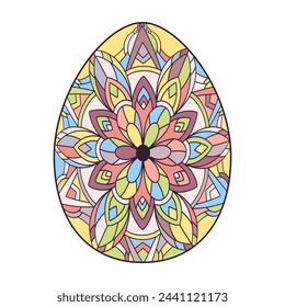 Hand drawn colorful Easter egg with patterns, curls, flowers. Spring Happy Easter egg with floral elements, decorative ornament. Vector cute illustration isolated on white background