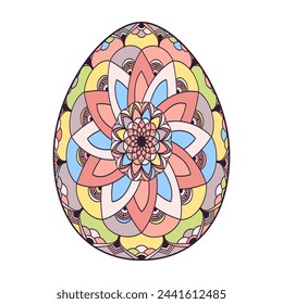 Hand drawn colorful Easter egg with patterns, curls, flowers. Spring Happy Easter egg with floral elements, decorative ornament. Vector cute illustration isolated on white background