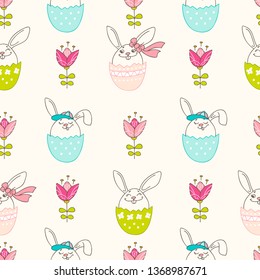 Hand drawn colorful Easter eggs, bunny and blooming flowers in doodle style. Vector seamless pattern. Perfect design elements for decorations greeting card, holidays pattern, wrapping paper