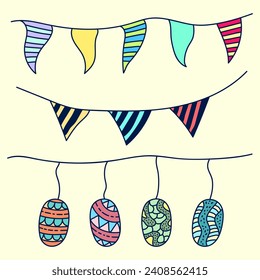 Hand drawn colorful easter eggs and garlands doodle illustration.