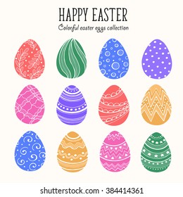 Hand drawn colorful Easter eggs collection. Doodle eggs with zentangle ornaments on white background. Set of whimsical Easter eggs in sweet colors.