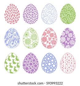 Hand drawn colorful Easter eggs collection with ornaments on white background. 