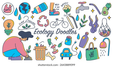 Hand Drawn Colorful Ecology Doodle Icons for Sustainable Lifestyle Designs
