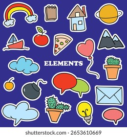 Hand drawn colorful element set. Sketch pencil stroke vector graphic pen underline scribble icon. Hand drawn line heart, crown, star symbol highlight marker shape. Vector illustration