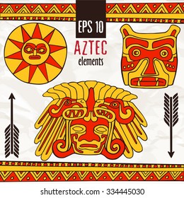Hand drawn colorful ethnic aztec fantastic decoration elements - sun, leopard, indian. Sketch style with arrows and ornament line in red and yellow colors on grunge paper background.