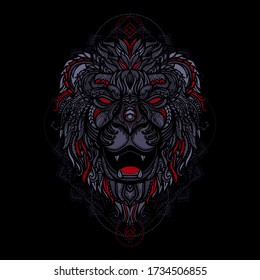 hand drawn colorful ethnic lion head illustration