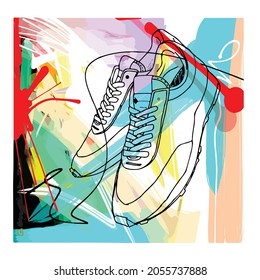 Hand Drawn Colorful Expressive Abstract Illustration With Sneaker Shape For Background, Banner, Wallpaper, Art Print, Poster, Etc