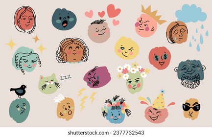 Hand drawn colorful faces with various emotions. Cute happy, sad, angry, smiling, crying characters. Cartoon vector illustration. Funny abstract shapes for stickers, kids design, poster, stationery