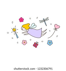 Hand drawn colorful fairy with flowers, butterfly and dragonfly in doodle style. Vector illustration. Suitable for posters, greeting cards and templates.