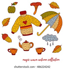 Hand drawn colorful fall autumn collection cute doodles