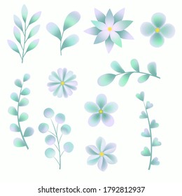 Hand drawn colorful fashion abstract blue flowers and leaves group vector illustration, spring and summer natural plants on white background, invitations, wedding decoration patterns, textiles