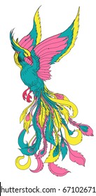 hand drawn colorful fashion of phoenix tattoo.Phoenix Fire bird illustration and character design,Legend of the Firebird is Russian fairy tales and it is creature from Slavic folklore.