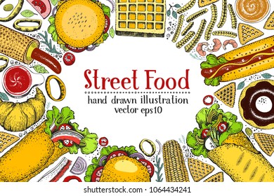 Hand drawn colorful fast food banner. Street food top view background. Hand drawn vector illustration. Can be use for restaurant, cafe menu, flyer, poster.