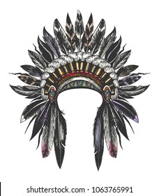 Hand Drawn Colorful Feathered War Bonnet. Vector illustration.