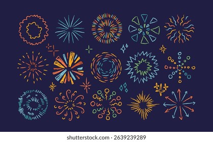 Hand drawn colorful fireworks burst, bright festive party glittering light explosion design elements set. Doodle shiny illuminated exploding sparks decorative drawings sketch vector illustration