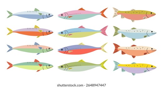 Hand drawn colorful fish illustrations. Sardine, mackerel, and trout in cartoon style. Flat sea fish clipart design for kitchen, cooking, packaging, and seafood market designs.