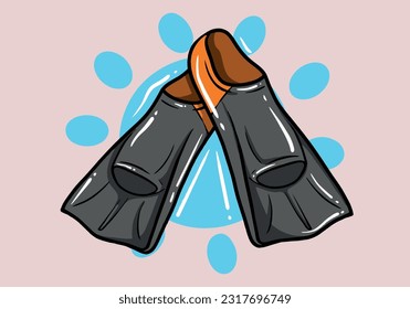 Hand drawn colorful flippers for diving. Swimming fins. Accelerate the pace of swimming. Diving gear. Things you need on the beach. Cartoon style.