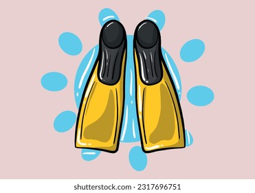 Hand drawn colorful flippers for diving. Swimming fins. Accelerate the pace of swimming. Diving gear. Things you need on the beach. Cartoon style.