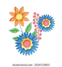 Hand drawn colorful floral branch illustration on white background.