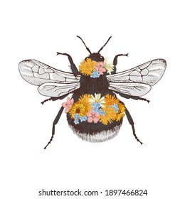 Hand drawn colorful floral bumblebee. Vector illustration in retro style