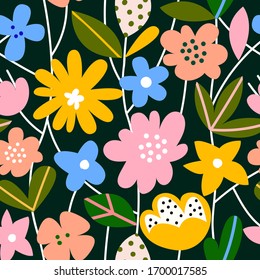 Hand drawn colorful floral seamless repeat pattern. Spring, summer flowers, trendy colors. Scandinavian style. Contemporary art for fabric, wrapping paper, wall art, packaging. Vector illustration