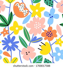 Hand drawn colorful floral seamless repeat pattern. Spring, summer flowers, trendy colors. Scandinavian style. Contemporary art for fabric, wrapping paper, wall art, packaging. Vector illustration