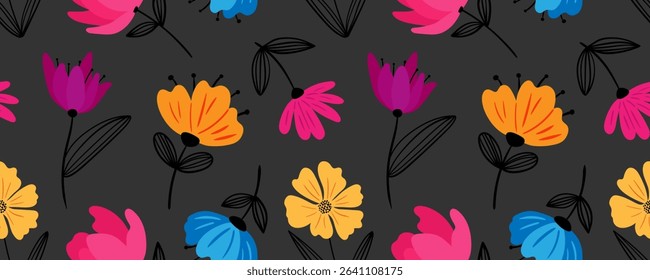 hand drawn colorful floral seamless pattern – modern minimalist vector flowers on dark grey background for wrapping paper, fabric, kids decor, fashion design
