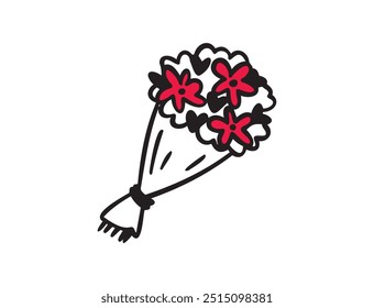 Hand drawn colorful flower bouquet. Doodle bouquet with lovely red accents. Valentine's day drawing icon. Vector illustration