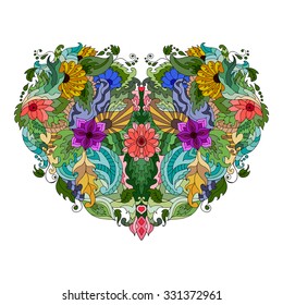 Hand drawn colorful flower heart in gypsy style. Coloring page with high details isolated on white background. Made by trace from sketch. Ink pen. Happy Valentine's Day background.