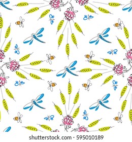 Hand drawn colorful flowers and insects. Summer meadow collection. Beautiful design for your textile, paper, cards, web page background. Vector seamless pattern.