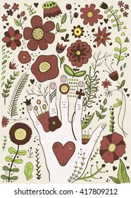 Hand drawn colorful hand and flowers sketch