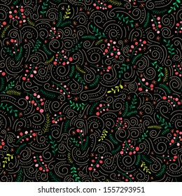 Hand Drawn Colorful Folk Doodle Christmas Foliage, Red Holy Berries, Mistletoe, Fir Tree and Pine Branches on Black Background Vector Seamless Pattern. Trendy Cute Festive Winter Holidays Print