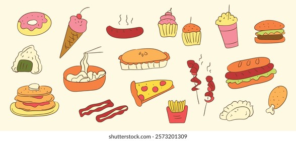 Hand drawn colorful food doodles illustration set. Sketch style delivery cafe and restaurant icons. Set vector illustration doodles of fast food, drink, dessert, for invitations, menus and parties. 