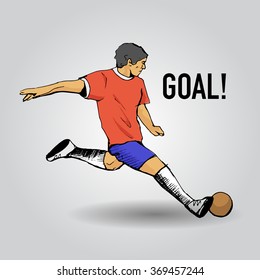 Hand drawn colorful footballer and Goal sign. Vector illustration