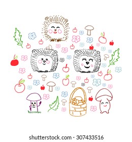 hand drawn colorful forest collection with hedgehog