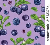 Hand drawn colorful fresh blueberries. Vector seamless pattern with a branch, leaves and berries. For kitchen design, food packaging, textiles.