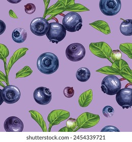 Hand drawn colorful fresh blueberries. Vector seamless pattern with a branch, leaves and berries. For kitchen design, food packaging, textiles.