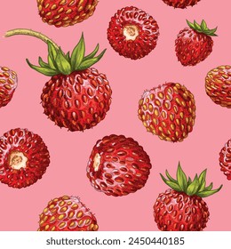 Hand drawn colorful fresh wild strawberry. Vector seamless pattern. For kitchen design, food packaging, textiles.