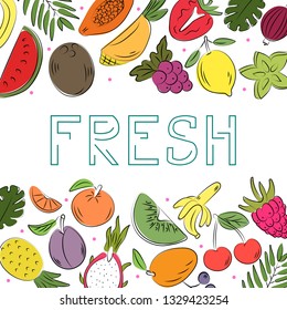Hand drawn colorful fruits background. Sketch style vector set. Illustration isolated on white background.