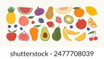 Hand drawn colorful fruits and berries. Trendy abstract minimal style. Natural tropical fruits. Fig, cherry, apple, peach, lemon, banana, avocado, pomegranate, pineapple, melon. Vector illustration.