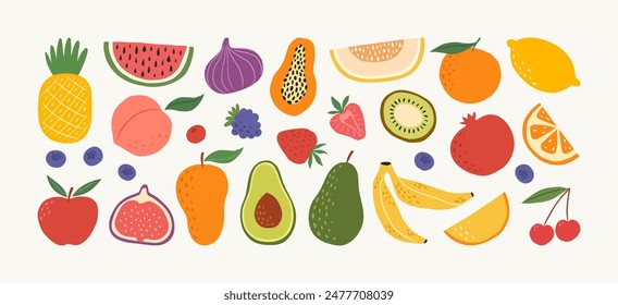 Hand drawn colorful fruits and berries. Trendy abstract minimal style. Natural tropical fruits. Fig, cherry, apple, peach, lemon, banana, avocado, pomegranate, pineapple, melon. Vector illustration.