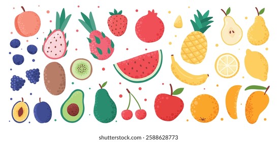 Hand drawn colorful fruits and berries. Trendy abstract minimal style. Natural tropical fruits. Fig, cherry, apple, peach, lemon, banana, avocado, pomegranate, pineapple, melon Vector illustration