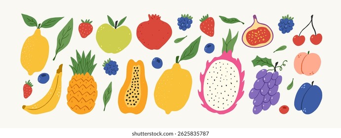 Hand drawn colorful fruits and berries. Abstract funny doodle style. Natural tropical fruits. Lemon, cherry, apple, peach, banana, strawberry, pineapple, fig, dragon fruit. Vector illustration.