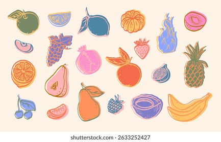 Hand drawn colorful fruits and berries sketch vector illustration. Dragon fruit, lemon, banana, pineapple, coconut, citrus, banana, fig, apple, grape, pomegranate, fig, strawberry. Minimal style.